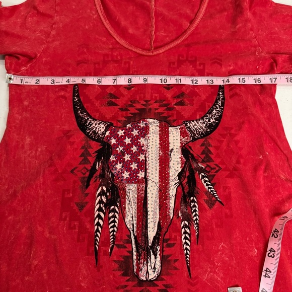 Liberty Wear Tunic Embellished Steer USA Sturgis Red Asymmetrical Women’s Size L - Picture 6 of 13